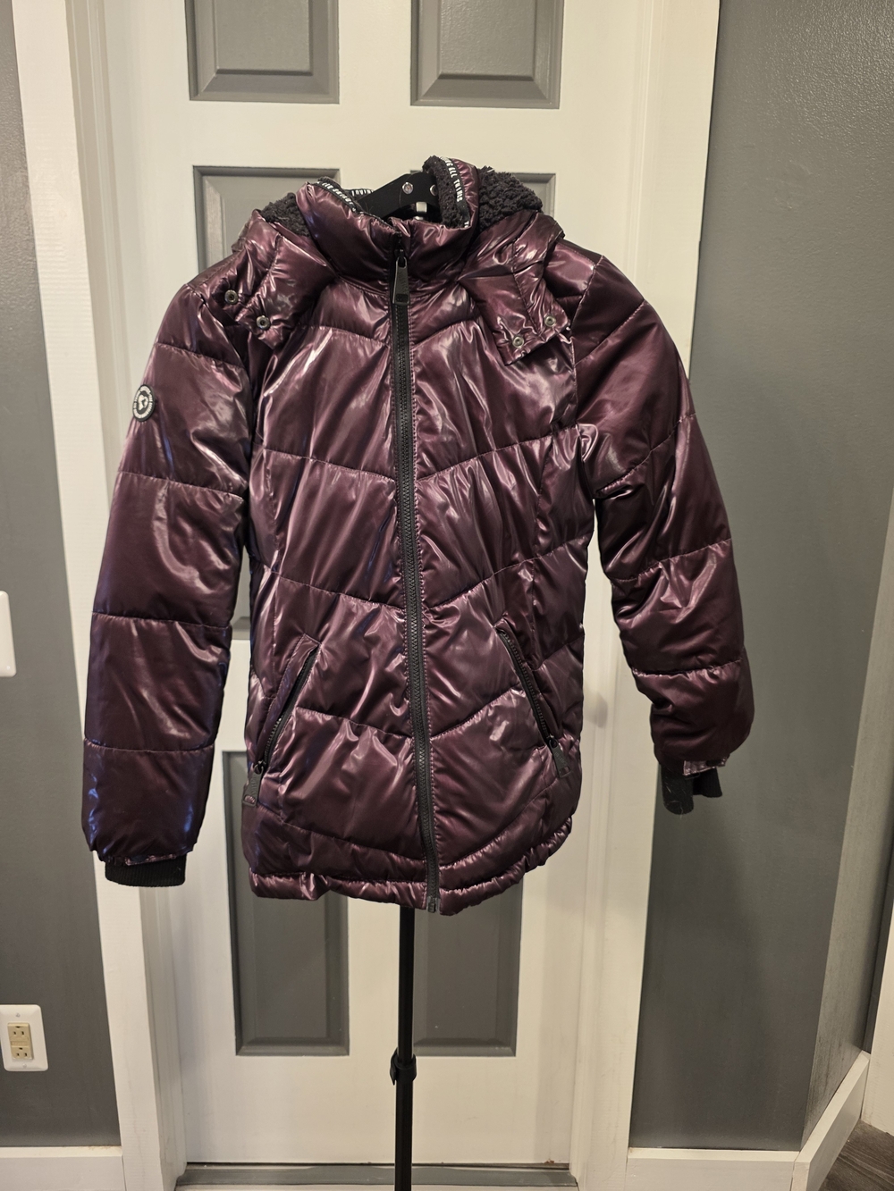 Justice Shiny Plum Puffer Jacket with Hood